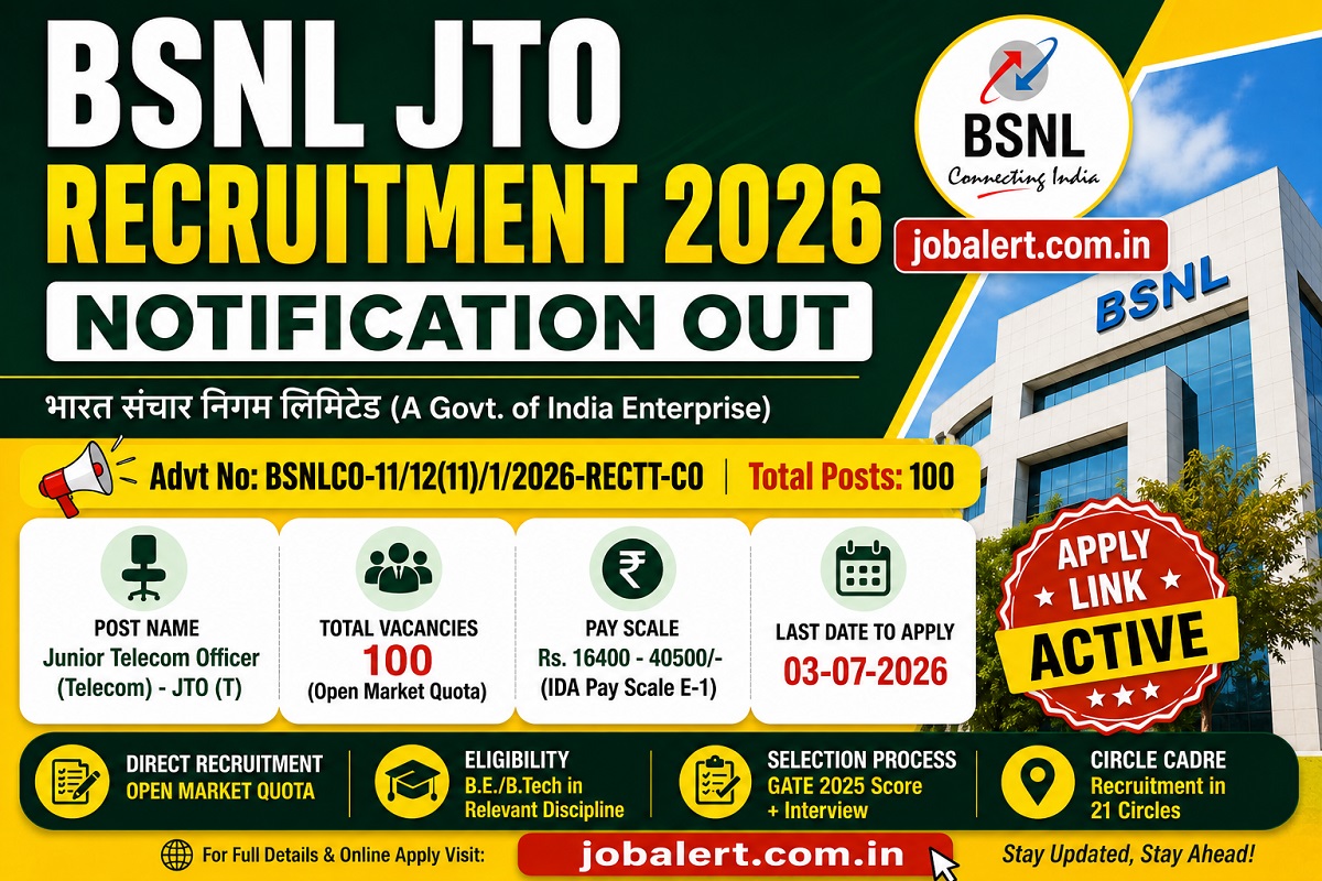 You are currently viewing BSNL JTO Recruitment 2026: Notification Out for 100 Posts, Apply Online Link Active